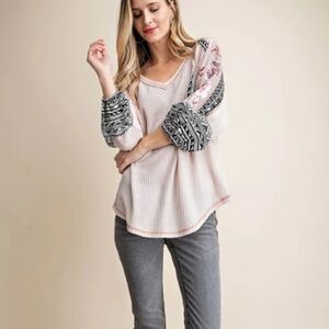 Kori America Thermal Oriental Print Sleeve Top